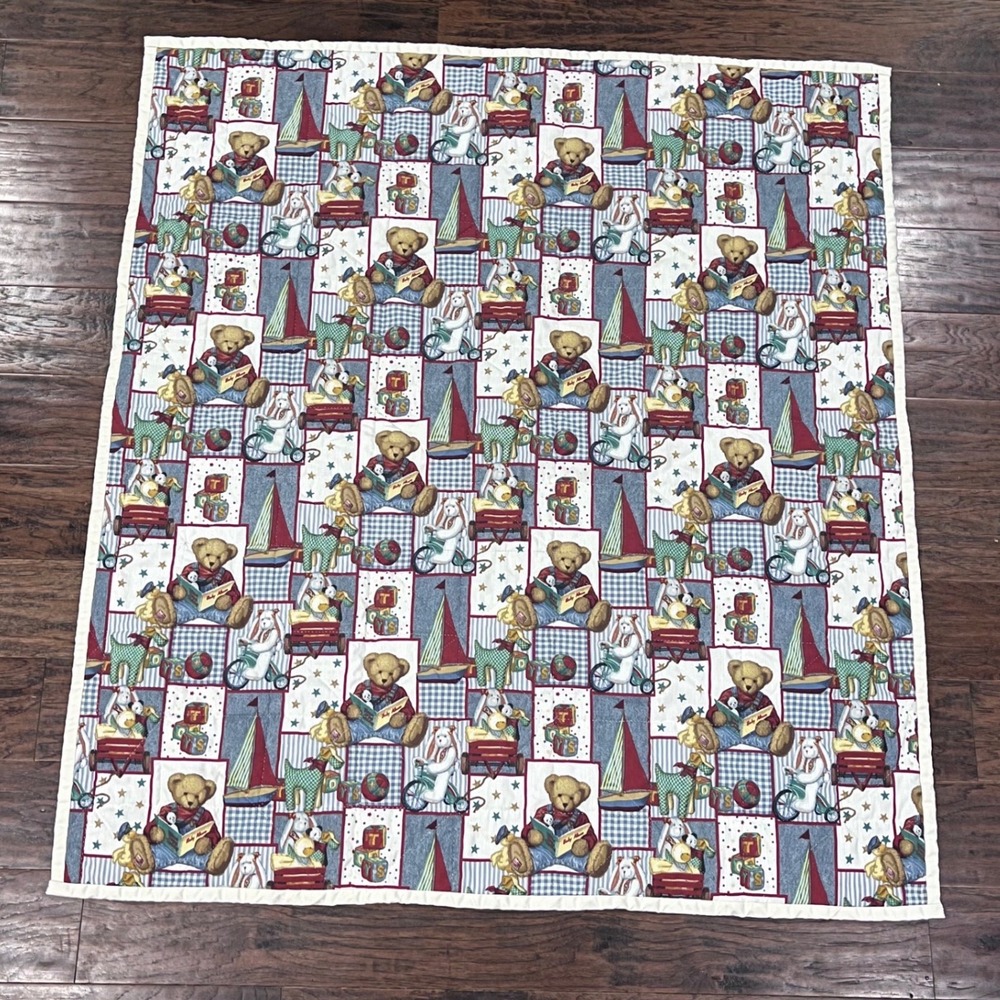 Vtg‎ 90s Teddy Bear Quilt Americana Nursery Blanket Sailboats Blue Jeans 46x43